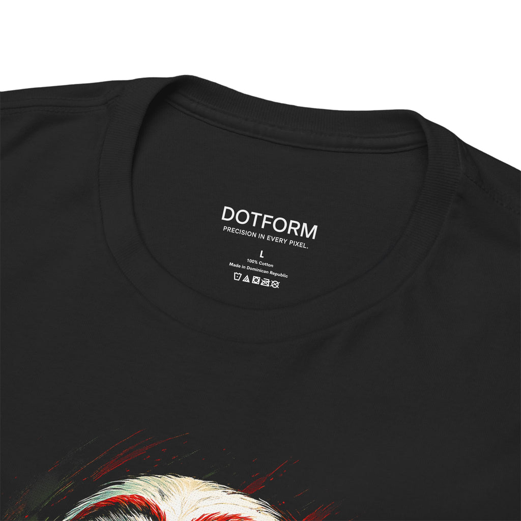 Black t-shirt with a graphic design and 'DOTFORM' branding on the label.