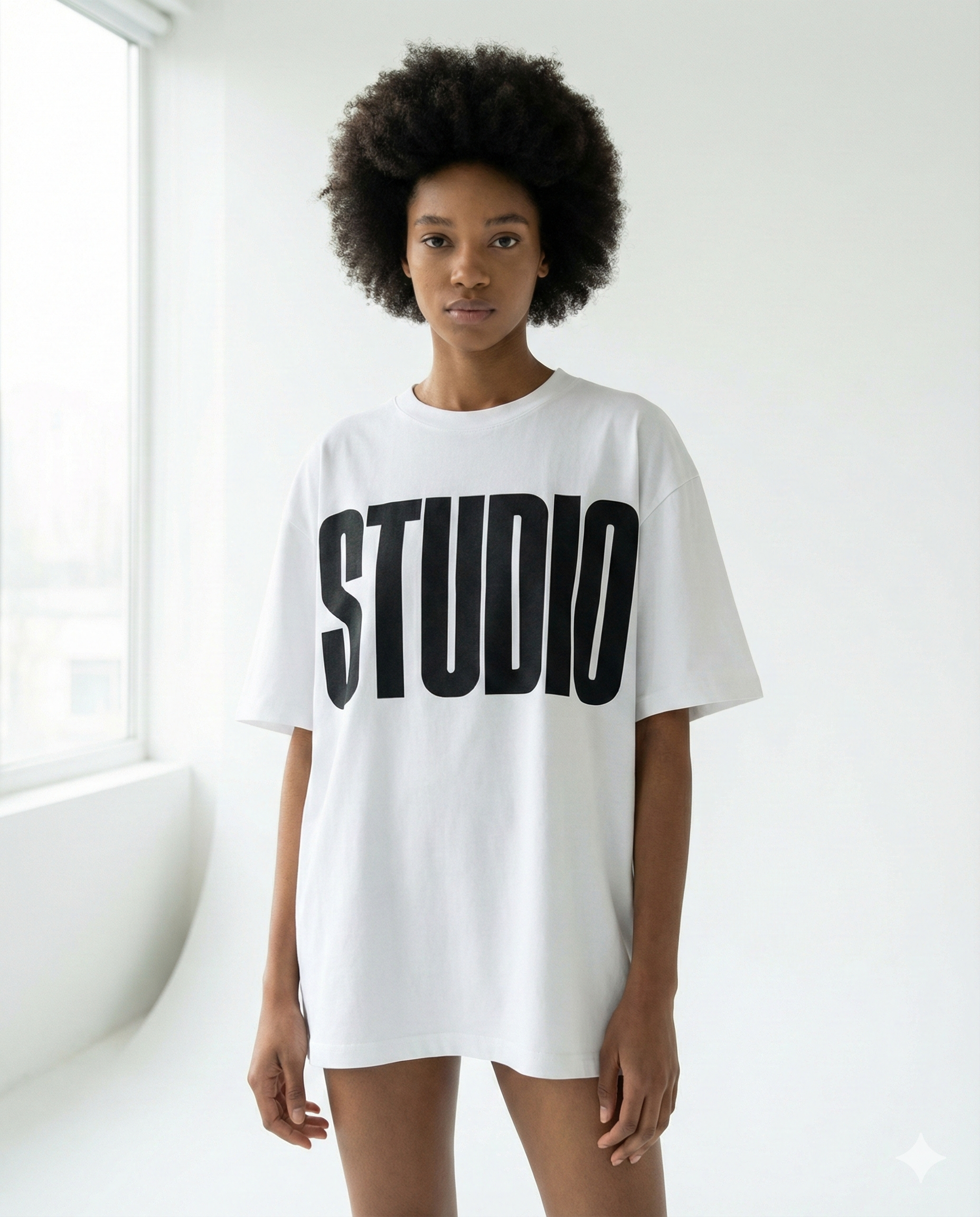 Person wearing a white t-shirt with 'STUDIO' text in a minimalistic setting