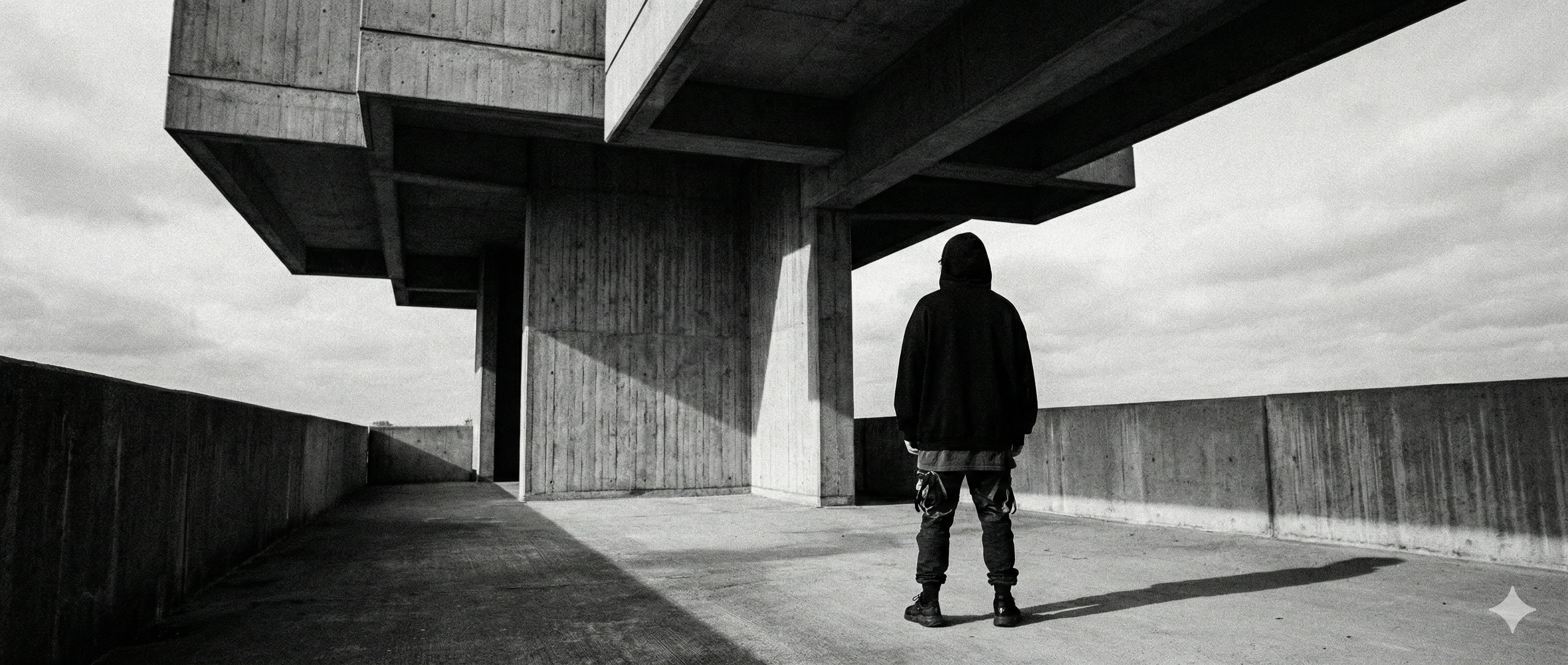Person standing under a modern architectural structure with a minimalistic background