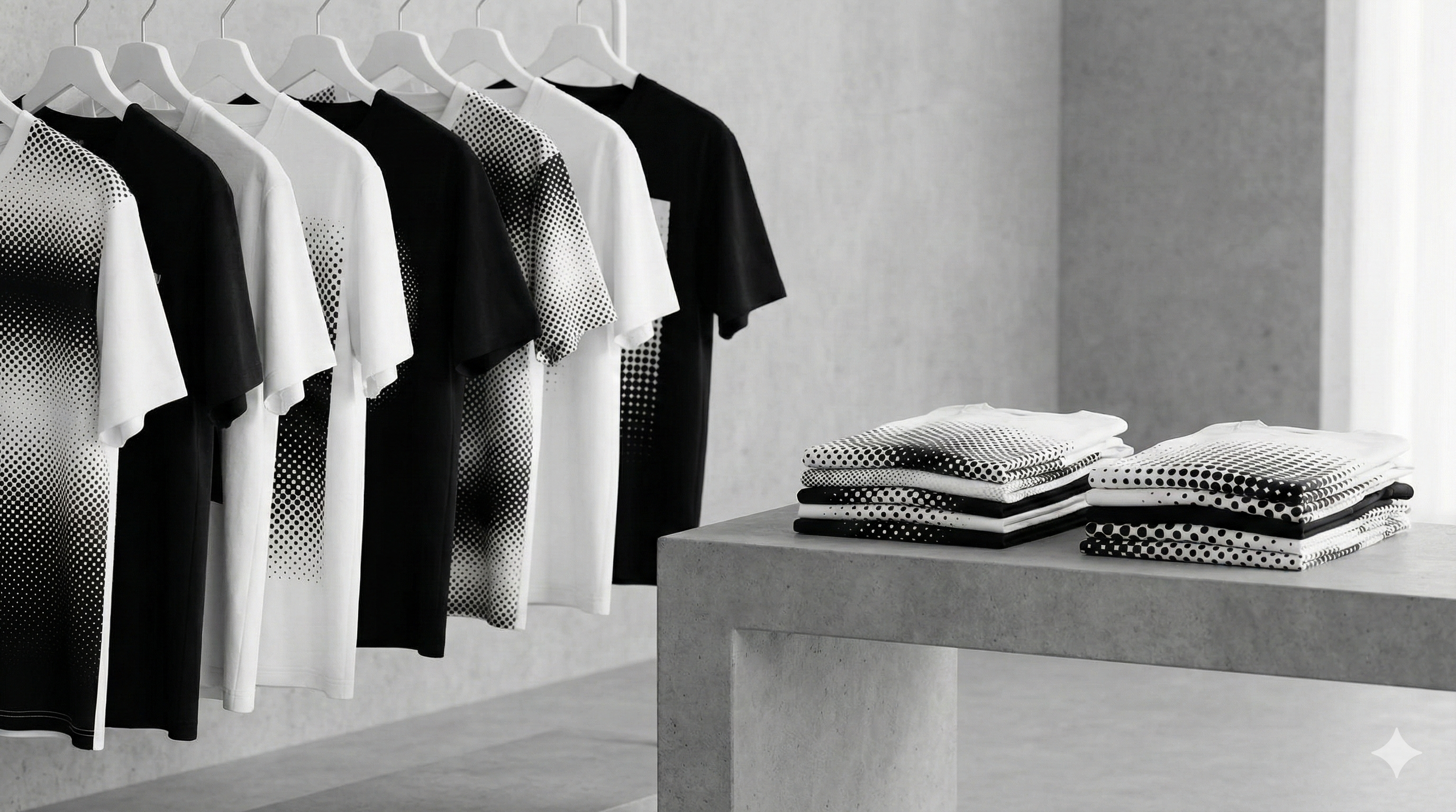 Black and white t-shirts on hangers with folded clothes on a table in a minimalistic setting.